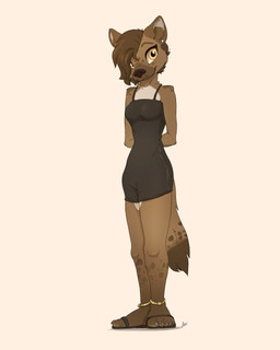 anklet anthro clothing dress ear_piercing ear_ring female footwear hands_behind_back jewelry looking_at_viewer piercing ring_piercing sandals shoes smile solo yellow_eyes louart hyena mammal hi_res
