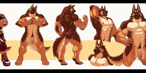4_toes 5_fingers abs anthro arm_tuft armpit_hair back_muscles balls barefoot belt biceps biped black_nose body_hair bottomwear brown_body brown_fur brown_tail claws clothed clothing digitigrade elbow_tuft feet fingerless_gloves fingers flaccid flexing fur genitals glans gloves grin hand_behind_back hand_behind_head hand_on_hip handwear jacket looking_at_viewer male multicolored_body multicolored_fur multicolored_penis multicolored_tail multiple_poses muscular muscular_anthro muscular_male nipples nude off/on pecs penis pink_nipples pink_penis pose pubes quads shorts simple_background smile smirk snout solo standing tail toe_claws toes topwear tuft two_tone_penis white_background white_balls white_body white_claws white_fur white_penis white_tail drks garnett canid canine canis domestic_dog german_shepherd herding_dog mammal pastoral_dog 2016 digital_media_(artwork) letterbox model_sheet multiple_versions shaded signature