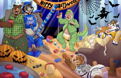 abdl alcohol anthro apple banner beer beverage bodily_fluids diaper food fruit genital_fluids group holidays legos magic_user male paws plant pumpkin red_solo_cup spider_web urine wetness_indicator witch bottlebear halloween bat bear mammal absurd_res hi_res