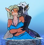 anthro bottomwear clothed clothing cuddling dress duo ear_piercing ear_ring female female/female fishnet_clothing hair hug outside piercing ring_piercing romantic romantic_couple shirt shorts simple_background sky smile topwear water marshbreeze fish humanoid marine shark digital_drawing_(artwork) digital_media_(artwork) hi_res