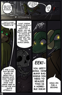 anthro bone clothed clothing dialogue duo female fur green_eyes horn skeleton speech_bubble tail text yellow_eyes brradett kat_(irresistable) lernie_(brradett) felid feline mammal scalie absurd_res colored comic digital_media_(artwork) english_text hi_res