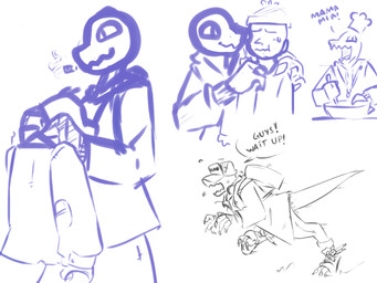 backpack baking chef_hat cigar claws clothing cooking duo hat headgear headwear male text spinater goosebumps creep!anon creep_(goosebumps) human lizard mammal reptile scalie 4:3 black_and_white english_text monochrome