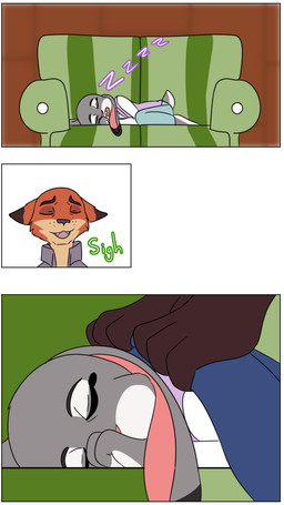 anthro bedding blanket duo female fur furniture grey_body grey_fur male orange_body orange_fur pointy_ears rabbit_ears sighing sleeping sofa hahstudios disney zootopia judy_hopps nick_wilde canid canine european_rabbit fox lagomorph leporid mammal oryctolagus rabbit red_fox true_fox comic
