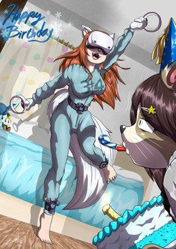 accessory anthro arm_markings barefoot bed bedroom birthday birthday_cake birthday_candle blue_markings blue_pajamas blue_tail brown_hair cake caught_in_the_act clothing dessert detailed_background duo facial_markings feet female fluffy fluffy_tail food fur furniture grey_clothing grey_jacket grey_topwear hair hair_accessory hairclip handpaw hat head_markings headgear headwear humanoid_feet jacket long_hair looking_at_another looking_at_viewer male markings nails pajamas_only party_hat party_horn paws plantigrade plushie snowflake tail tan_markings text title toenails toes topwear vr_headset white_body white_fur evan_harrey doomverse nintendo pokemon the_legend_of_zelda link sevenity_star yukiko_snowflake_(character) canid canine canis domestic_cat eeveelution felid feline felis generation_4_pokemon glaceon mammal pokemon_(species) wolf absurd_res hi_res