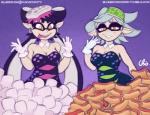 animal_humanoid big_breasts breasts callie_(splatoon) candy cephalopod cephalopod_humanoid cleavage clothed clothing dessert dress duo ear_piercing fangs female food gloves handwear hat headgear headwear hot_dog humanoid humanoid_pointy_ears inkling licking licking_lips marie_(splatoon) marine marine_humanoid marshmallow mollusk mollusk_humanoid nekocrispy nintendo open_mouth piercing pseudo_hair purple_background signature simple_background splatoon squid_sisters_(splatoon) teeth tentacle_hair tentacles text tongue tongue_out url yellow_eyes
