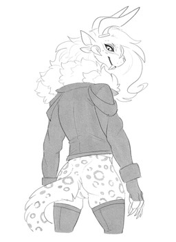 4_ears 4_horns anthro bedroom_eyes biped bottomless bottomless_anthro bottomless_female butt claws clothed clothing fangs female female_anthro finger_claws genitals half-closed_eyes horn jacket leather leather_clothing leather_jacket leather_topwear legwear looking_at_viewer looking_back looking_back_at_viewer multi_ear multi_horn narrowed_eyes pubes pupils seductive simple_background slit_pupils solo teeth thigh_highs topwear vulva white_background halbean guild_wars purna_whitewillow charr felid mammal 2025 digital_media_(artwork) greyscale hi_res monochrome portrait three-quarter_portrait