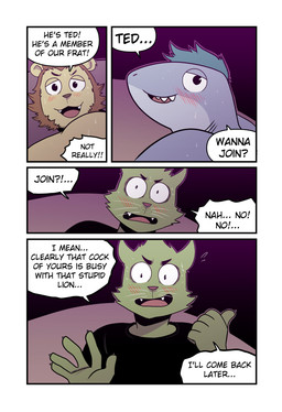 5_fingers anthro bedroom_eyes black_clothing black_shirt black_topwear blush bodily_fluids brown_hair clothing cute_fangs dialogue fangs fingers four_frame_image fur gills green_body green_fur green_hair grey_body group hair inviting looking_back male narrowed_eyes nervous nervous_sweat pointing_away seductive shirt speech_bubble sweat teeth teeth_showing text topwear trio whiskers wide_eyed yellow_body t0l0k isaac_(t0l0k) scott_(t0l0k) ted_(t0l0k) aquatic domestic_cat felid feline felis fish lion mammal pantherine shark comic english_text hi_res multiple_scenes