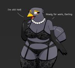 age_difference anthro barely_visible_genitalia barely_visible_nipples barely_visible_pussy beak big_breasts black_body black_clothing black_feathers black_fur black_lingerie black_pussy bra breasts butt butt_from_the_front clothed clothing eyewear feather_hands feathered_crest feathers female fur gem genitals glasses gloves handwear head_crest jewelry lace lace_bra lace_panties lace_stockings laces lingerie mature_female necklace nipples older_female open_beak open_mouth pearl_(gem) pearl_necklace pink_eyes pink_tongue pussy solo standing tail tail_feathers text tongue underwear yellow_beak pencil_bolt madam_black_(pencil_bolt) avian bird common_blackbird oscine passerine thrush_(bird) true_thrush english_text hi_res