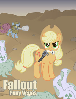 blonde_hair clothing cowboy_hat detailed_background female feral green_eyes group gun hair handgun hat headgear headwear quadruped ranged_weapon revolver tail toony weapon danshive fallout friendship_is_magic hasbro microsoft my_little_pony applejack_(mlp) earth_pony equid equine horse mammal pony absurd_res crossover hi_res