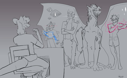 darkness desk displeased eldritch_entity furniture scientist table topazknight andrahol_(character) enzo_leon haloren jeremy_(topazknight) raylin alien altevian canid canine felkin fox mammal mephitid murid murine rat rodent skunk taur absurd_res black_and_white hi_res monochrome sketch