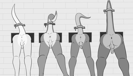 anthro anus balls big_butt brick brick_wall butt butt_focus circumcised genitals glory_wall group lineup male nude penis presenting presenting_anus presenting_hindquarters raised_tail restrained shaved_balls small_butt tail wall_(structure) fuze mythology dragon mythological_creature mythological_scalie scalie 7:4 absurd_res black_and_white hi_res monochrome
