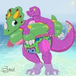 anthro claws clothed clothing diaper floaty heart_symbol inflatable inflatable_diaper inflatable_toy inner_tube male markings pink_body pink_markings pink_skin pool_toy purple_body purple_markings purple_skin sea solo water wearing_diaper yellow_body yellow_eyes yellow_markings yellow_skin zer0rebel4 discord_(app) telegram zoran animate_inanimate dinosaur living_inflatable living_pool_toy prehistoric_species reptile scalie theropod tyrannosaurid tyrannosauroid tyrannosaurus tyrannosaurus_rex 1:1 2025 absurd_res hi_res