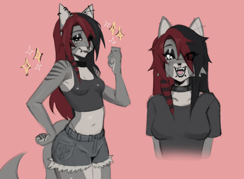 anthro black_choker black_eyeshadow black_hair black_jewelry black_lips black_necklace black_nose bottomwear choker clothing ear_piercing eyeshadow facial_piercing fangs female front_view fur grey_arms grey_body grey_bottomwear grey_clothing grey_ears grey_face grey_fur grey_shirt grey_shorts grey_tail grey_topwear hair hand_on_butt hand_on_hip industrial_piercing jewelry lip_piercing lips long_hair looking_at_viewer makeup multicolored_body multicolored_ears multicolored_fur necklace nose_piercing nose_ring open_mouth piercing pink_background red_hair ring_piercing shirt shorts simple_background smile smiling_at_viewer snakebite_piercing solo striped_shoulders tail teeth topwear two_tone_body two_tone_ears two_tone_face two_tone_fur ghwostpawz gray_(ghwostpawz) domestic_cat felid feline felis mammal hi_res multiple_images nonbinary_(lore) trans_(lore) trans_woman_(lore)