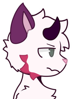 ambiguous_gender angry anthro black_horn chest_tuft eyebrows fluffy fur green_eyes hair horn pink_body pink_fur pink_nose pink_whiskers purple_body purple_ears purple_fur short_hair simple_background simple_coloring solo tuft whiskers white_body white_fur qkie koru_(qkie) demon domestic_cat felid feline felis hybrid mammal digital_media_(artwork) headshot_portrait hi_res portrait