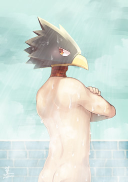 bathing beak blurred_background blush butt crossed_arms detailed_background dripping_wet for_a_head humanoid_hands looking_back male male_humanoid narrowed_eyes nude nude_humanoid nude_male rear_view shower showering solo standing steam tile tile_wall wall_(structure) wet bananana8729 my_hero_academia fumikage_tokoyami animal_head animal_humanoid avian avian_humanoid humanoid 2022 chinese_description dated digital_media_(artwork) hi_res signature