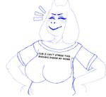 2_horns anthro big_breasts blush breasts clothed clothing eyes_closed female floppy_ears hand_on_hip horn lop_ears mature_anthro mature_female proud shirt simple_background smile suggestive_shirt text text_on_clothing text_on_shirt text_on_topwear topwear white_background crossman undertale undertale_(series) toriel boss_monster_(undertale) bovid mammal 2024 digital_media_(artwork) english_text half-length_portrait monochrome pixel_(artwork) portrait sketch