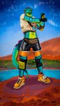 anthro clothed clothing footwear green_body male shoes smile solo tail text tongue ariwolfer epic_games fortnite fortnite:_battle_royale lizzik_(fortnite) lizard reptile scalie absurd_res english_text hi_res