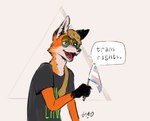 abstract_background anthro brown_hair clothed clothing cute_fangs dialogue eyewear facial_tuft fangs female flag flag_(object) fur glasses gloves_(marking) hair holding_flag holding_object lgbt_pride markings multicolored_body multicolored_fur orange_body orange_fur ponytail pride_color_flag pride_colors print_clothing print_shirt print_t-shirt print_topwear shirt simple_background solo speech_bubble t-shirt teeth text text_on_clothing text_on_shirt text_on_t-shirt text_on_topwear text_print topwear transgender_pride_colors tuft wearing_glasses white_body white_fur borealhao conditional_dnp linux xenia_(linux) canid canine fox mammal red_fox true_fox digital_media_(artwork) english_text half-length_portrait portrait signature trans_(lore) trans_woman_(lore)