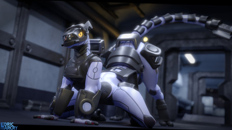 ass_up bent_legs clothed clothing jack-o'_pose latex latex_body latex_skin looking_at_viewer male metal_skin orange_eyes partially_clothed pose solo tail edricmarcry misek_(edricmarcry) synth_(vader-san) synthtaur taur 2025 3d_(artwork) digital_media_(artwork) hi_res watermark