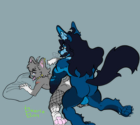 ambiguous_gender anthro bodily_fluids breath clawing_pillow clothing drooling duo fishnet_clothing fishnet_legwear legwear male male/male panting saliva beeriebusy absurd_res hi_res