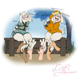 3_toes anthro bdsm bite biting_lip biting_own_lip black_nose blonde_hair blush bodily_fluids bondage bound clothing crying_laughing cuffed_wrists disembodied_hand duo_focus eye_patch eyewear feet floppy_ears foot_fetish fur green_clothing green_topwear group hair hoodie laugh motion_lines orange_clothing orange_hoodie orange_topwear pink_tongue restraints rope rope_bondage rope_harness scut_tail self_bite short_tail stocks tail tail_motion tears teeth thick_thighs tickle_fetish tickle_torture tickling tickling_feet toes tongue topwear white_body white_fur white_hair bluebun cave_story human lagomorph mammal mimiga 1:1 hi_res