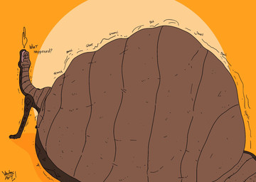 ambiguous_gender anthro apode belly big_belly brown_arms brown_belly brown_body confusion huge_belly legless lying on_back overweight rumbling_stomach serpentine solo vore yauhasart mboi_(yauhasart) draconcopode naga reptile scalie snake 2025 flat_colors hi_res watermark