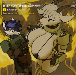 anthro areola areola_slip armor beady_eyes beard big_breasts bikini black_bikini black_clothing black_swimwear blue_body blue_fur blue_hair breast_jiggle breasts cape clothed clothing countershade_face countershading detailed_background duo eyewear eyewear_on_head facial_hair female fur goatee goggles goggles_on_head hair highlights_(coloring) horn huge_breasts jiggling male poking swimwear tail tan_body tan_fur tan_hair text touching_breast two-piece_swimsuit unconvincing_armor thehuskylord helldivers auri_(thehuskylord) hooski_(thehuskylord) volt_(voltaicharbor32) arthropod bovid canid canine canis caprine goat insect mammal terminid wolf absurd_res digital_media_(artwork) english_text hi_res