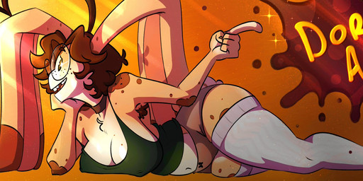 anthro armpit_hair banner banner_image belly big_breasts big_butt big_ears body_hair bow_panties bow_underwear breasts brown_body brown_eyebrows brown_eyes brown_fur brown_hair butt chest_tuft choker clothing detailed_background eyebrows female fingers floppy_ears freckled_face freckled_legs freckled_shoulders freckled_thighs freckles fur gesture glistening glistening_eyes green_clothing hair hand_gesture hand_on_cheek hand_on_chin hand_on_face heart_symbol jewelry legwear light light_beam looking_away lying markings missing_tooth navel necklace nipple_outline open_mouth orange_background panties pointing pose simple_background smile solo speech_bubble spilled_drink spilled_liquid spots spotted_markings sunbeam sunlight tan_body tan_fur text thick_thighs thigh_highs tongue tuft underwear white_body white_clothing white_fur wide_hips yellow_background yellow_text doodlebunnyart doodlebunny_(doodlebunnyart) lagomorph mammal artist_name hi_res signature spot_color