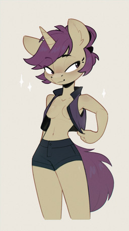 1_horn anthro biped bottomwear breasts clothed clothed_anthro clothed_female clothing collarbone eye_through_hair eyebrow_through_hair eyebrows female hair half-closed_eyes horn inner_boob looking_aside midriff narrowed_eyes navel purple_eyes purple_hair purple_tail shorts simple_background solo sparkles tail topwear translucent translucent_hair under_boob vest rexyseven friendship_is_magic hasbro my_little_pony mythology fan_character lavrushka_(oc) equid equine mammal mythological_creature mythological_equine unicorn 2025 digital_drawing_(artwork) digital_media_(artwork) english_description hi_res portrait three-quarter_portrait