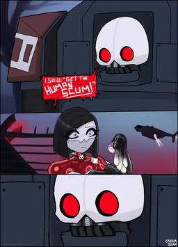 black_border bodily_fluids bone border choker condom cum femboy genital_fluids jewelry latex machine male misunderstanding necklace not_furry sexual_barrier_device skull skull_head wire_hair creambeam helldivers devastator_(helldivers) fan_character trooper_(helldivers) android automaton robot absurd_res comic hi_res