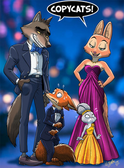 anthro bodily_fluids bottomwear bow_tie breasts brown_body cleavage clothed clothed_anthro clothed_female clothed_male clothing dialogue dress ears_as_hair eyebrow_piercing facial_piercing feet female female_anthro footwear fur group hair_bun_ears half-closed_eyes male male_anthro narrowed_eyes orange_body orange_fur pants piercing shoes size_difference smile socks speech_bubble standing suit sweat sweatdrop tail text toes topwear worried borba disney dreamworks the_bad_guys zootopia diane_foxington judy_hopps mr._wolf_(the_bad_guys) nick_wilde canid canine canis european_rabbit fox lagomorph leporid mammal oryctolagus rabbit red_fox true_fox wolf 2025 digital_media_(artwork) english_text