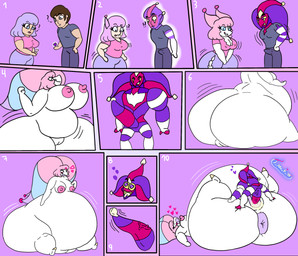 10_panel_comic antennae_(anatomy) anus belly belly_expansion big_anus big_butt blue_eyes bodily_fluids bottom_heavy butt butt_expansion clothed clothed_female clothed_male clothing clothing_loss cum cum_in_vagina cum_inside duo ejaculation erection erection_under_clothing exclamation_point expansion eyes_closed female female_penetrated genital_fluids genitals grey_eyes hair happy happy_sex heart_eyes heart_symbol huge_anus huge_butt hyper hyper_anus hyper_genitalia hyper_vulva jester large_female male male/female male_penetrating male_penetrating_female multicolored_body muscular muscular_male nude orgasm_face overweight overweight_female penetration penis pink_hair plump_labia puffy_anus question_mark sex size_difference smaller_male species_transformation tongue tongue_out top_heavy torn_clothing transformation unusual_anatomy unusual_genitalia unusual_penis vaginal vaginal_penetration vulva white_body t_m_f_w jestrina_(oc) human humanoid mammal comic hi_res tagme watermark
