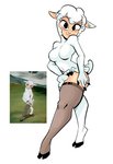 absurd_res anthro bovid breasts caprine clothing cloven_hooves droopy_(series) featureless_breasts female fur herny hi_res hooves leggy_lamb legwear looking_at_viewer looney_tunes mammal metro-goldwyn-mayer sheep sheep_wrecked simple_background solo standing wacky_wildlife warner_brothers wool_(fur)