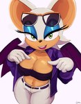 5_fingers anthro bandeau bat_wings belt big_breasts black_nose blue_eyeshadow bottomwear breasts cleavage clothed clothing eyelashes eyeshadow female fingers green_eyes hair hand_on_chest jacket lipstick looking_at_viewer makeup membrane_(anatomy) membranous_wings navel pants pointing_at_breasts simple_background smile solo teeth topwear white_background white_hair wings cranihum sega sonic_the_hedgehog_(series) the_murder_of_sonic_the_hedgehog rouge_the_bat bat mammal 2023 absurd_res hi_res