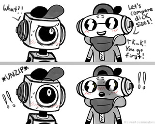1_eye backwards_baseball_cap backwards_hat baseball_cap blush bodily_fluids clothing dialogue exclamation_point eyewear hat headgear headwear machine male metallic_body not_furry onomatopoeia open_mouth open_smile penis_shadow simple_background smile sound_effects sunglasses sweat teeth text unzipping white_background sweetcumncakes deltarune undertale_(series) cap'n_(deltarune) sweet_(deltarune) darkner humanoid robot robot_humanoid 2021 5:4 english_text