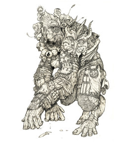 ambiguous_gender armor feral group simple_background white_background young young_feral daniel_luvisi ape haplorhine mammal monkey primate hi_res monochrome sepia