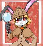 anthro clothed clothing detective female headgear headwear holding_object looking_at_viewer magnifying_glass smile solo gouguru_(artist) lagomorph leporid mammal rabbit 2019