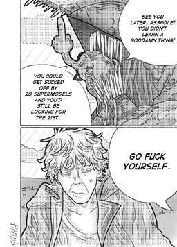 angry annoyed clothing duo feral gesture hair hand_gesture imminent_vore jacket light-skinned_male male middle_finger parody profanity sharp_teeth teeth text topwear flonch chainsaw_man keep_on_dreaming_denji denji_(chainsaw_man) pochita_(chainsaw_man) canid canid_demon demon human hybrid mammal comic english_text hi_res monochrome signature