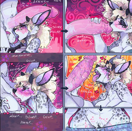 anthro areola aroused ball_lick balls big_penis blonde_hair blush bodily_fluids breasts cleavage clothed clothing deep_throat dialogue duo erection fellatio female fur genitals hair heart_symbol hearts_around_head horn humanoid_genitalia humanoid_penis licking long_tongue male male/female markings nude open_mouth oral oral_penetration partially_clothed penetration penile penis penis_on_face pov_hands red_eyes sex simple_background sloppy_blowjob spots spotted_body tail tattoo tears text tongue undressing vulva white_body white_fur wide_hips snowfoxy66 arctic_fox canid canine chimera demon felid fox mammal pantherine snow_leopard true_fox comic digital_media_(artwork) english_text