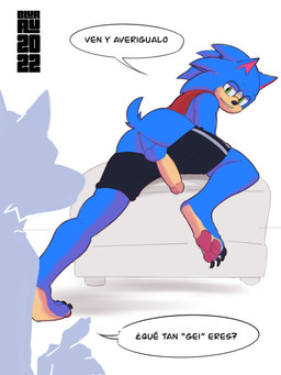 4_toes anthro anus backsack balls barefoot bedroom_eyes blue_body blue_fur bottomwear bottomwear_down butt chair clothed clothing dialogue duo erection faceless_character faceless_male feet fur furniture genitals green_eyes grin looking_at_another looking_back looking_back_at_another male narrowed_eyes on_surface partially_clothed pawpads perineum presenting presenting_anus raised_tail rear_view seductive shirt shorts shorts_down simple_background small_butt smile tail tan_body tan_fur tank_top text toes topwear blurau sega sonic_the_hedgehog_(series) sonic_the_hedgehog eulipotyphlan hedgehog mammal 2022 3:4 hi_res signature spanish_text