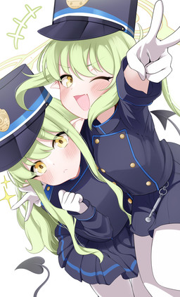 blue_clothing blue_hat blue_headwear bottomwear clothing cute_fangs fangs female female_humanoid gloves green_hair hair halo handwear hat headgear headwear heart_tail legwear one_eye_closed open_mouth pantyhose pointy_ears prick_ears shorts skirt tail teeth white_clothing white_gloves white_handwear white_legwear white_pantyhose yellow_eyes young young_female young_humanoid rei_hinasuki blue_archive nexon hikari_(blue_archive) nozomi_(blue_archive) demon demon_humanoid humanoid tailed_humanoid absurd_res hi_res