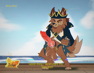 anthro balls big_balls big_penis brown_body brown_fur clothed clothing digitigrade exhibitionism floor fur genitals island knot male outside pantsless partially_clothed penis pirate pirate_hat pirate_outfit sea solo television_show vein veiny_penis water wood wood_floor wrigglywormz indigo_park skurv_the_coyote_(indigo_park) canid canine canis coyote mammal hi_res