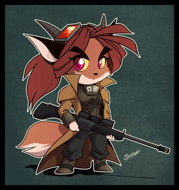 anthro black_border black_nose border bottomwear breasts brown_body brown_fur brown_hair clothed clothing eyewear female fur goggles gun hair holding_gun holding_object holding_ranged_weapon holding_weapon horn long_hair military_uniform multicolored_body multicolored_fur ncr_ranger_(fallout) new_california_republic new_vegas pants pink_eyes ranged_weapon red_eyes shirt solo tail topwear two_tone_body two_tone_fur uniform weapon chalo fallout knighthood las_lindas microsoft joy_ravenhurst antelope bovid gazelle mammal 2010 signature