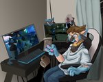 anthro beverage black_body black_fur blue_body blue_ears blue_eyes blue_fur bodily_fluids brown_hair chair chest_tuft coffee coffee_mug container cup curtains drinking electronics eyewear fur fur_growth furniture fused_fingers generation_4_pokemon generation_7_pokemon glasses growth hair human_to_anthro inside keyboard lycanroc male microphone mid_transformation midnight_lycanroc monitor nintendo open_mouth pawpads pink_pawpads pokemon pokemon_(species) potion reclining riolu shocked shrinking size_transformation snout snout_growth solo species_transformation surprise surprised_expression sweat sweatdrop table teeth tongue toshabi transformation transformation_potion tuft yellow_body yellow_fur