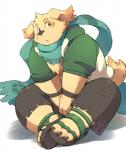 anthro biped black_nose bottomwear clothing fur humanoid_hands male overweight overweight_anthro overweight_male pants scarf simple_background sitting solo white_background yellow_body yellow_fur ayame42612 lifewonders tokyo_afterschool_summoners cu_sith_(tas) canid canine canis domestic_dog hunting_dog mammal 2017