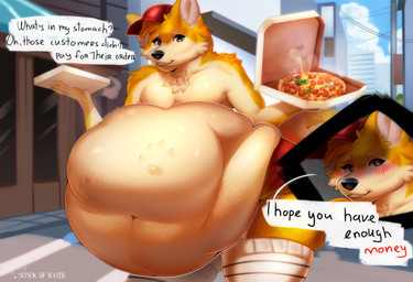 abdominal_bulge after_vore anthro belly big_belly blush box chest_tuft clothing container delivery_(commerce) food food_delivery fur hat headgear headwear holding_box holding_container holding_object holding_pizza_box huge_belly legwear legwear_only male mostly_nude orange_body orange_fur outside pizza pizza_box pizza_delivery smile solo speech_bubble stockings stockings_only talking_to_viewer tan_body tan_fur text thick_thighs town tuft vore kysokofwater canid canine canis domestic_dog mammal shiba_inu spitz english_text hi_res