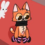 anthro bed black_scarf brown_pupils clothing duo erection fur furniture kneeling legwear long_socks male male/male on_bed orange_body orange_fur plushie pupils rabbit_plushie scarf stockings teeth thigh_highs young young_anthro tinky tinky_(character) domestic_cat felid feline felis mammal 1:1