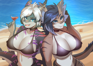 5_fingers alcohol anthro beach beverage big_breasts bikini biped black_clothing black_topwear blue_eyebrows blue_eyes blue_hair breasts choker cleavage clothed clothing cocktail curvy_figure day detailed_background duo erect_nipples eyebrows fangs female fin fingers front_view glass green_eyes grey_body grey_hair grey_scales grey_skin grey_tail hair holding_glass holding_object jewelry long_hair looking_at_viewer multicolored_body multicolored_scales multicolored_skin multicolored_tail necklace nipple_outline nipples non-mammal_breasts outside purple_body purple_skin purple_stripes purple_tail sand scales sea seaside sharp_teeth short_hair standing striped_body striped_skin stripes swimwear tail tail_fin teeth topwear two-piece_swimsuit two_tone_tail voluptuous water white_body white_hair white_scales white_skin white_tail wine lazysnout mythology s4nny aquatic dragon fish mythological_creature mythological_scalie scalie shark 2019 character_request digital_media_(artwork)