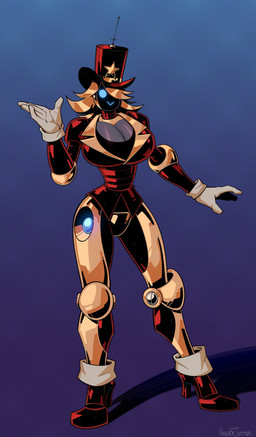antenna_wire big_breasts blonde_hair blue_eyes boots breasts clothing female footwear gloves hair hair_over_eye handwear hat headgear headwear high_heeled_boots high_heels jacket joints machine red_clothing red_jacket red_topwear shoes small_waist smile smiling_at_viewer solo top_hat topwear white_clothing white_gloves white_handwear naughtyjester humanoid robot robot_humanoid 2025 hi_res