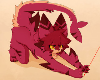 4_fingers all_fours anthro arm_fin arm_markings arm_tuft back_tuft big_tail blue_pupils chest_tuft dorsal_fin elbow_tuft eyebrow_through_hair eyebrows facial_tuft fin fingers fluffy fluffy_tail fur fur_markings gills hair laser_pointer leg_markings leg_tuft male markings multicolored_body multicolored_fur nude orange_body orange_fur pawpads pointy_ears pupils red_body red_eyes red_fur red_hair red_pawpads shark_tail shoulder_tuft simple_background solo striped_ears tail tail_fin tail_markings tail_tuft translucent translucent_hair tuft two_tone_body two_tone_fur two_tone_tail yellow_background yellow_sclera gaogomon gaogomon_(oc) aquatic fish furred_kobold furred_scalie furred_shark hybrid kobold scalie shark absurd_res hi_res